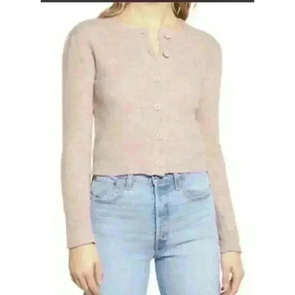 WAYF Pointelle Cardigan Crop Sweater Blush Pink Wool Blend Size S - Picture 1 of 11